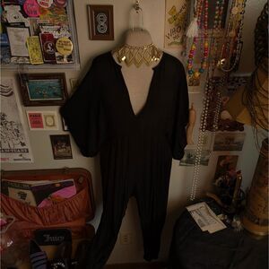 Wide Sleeve V-Neck Jumpsuit Women's XS Black Lightweight Bohemian
